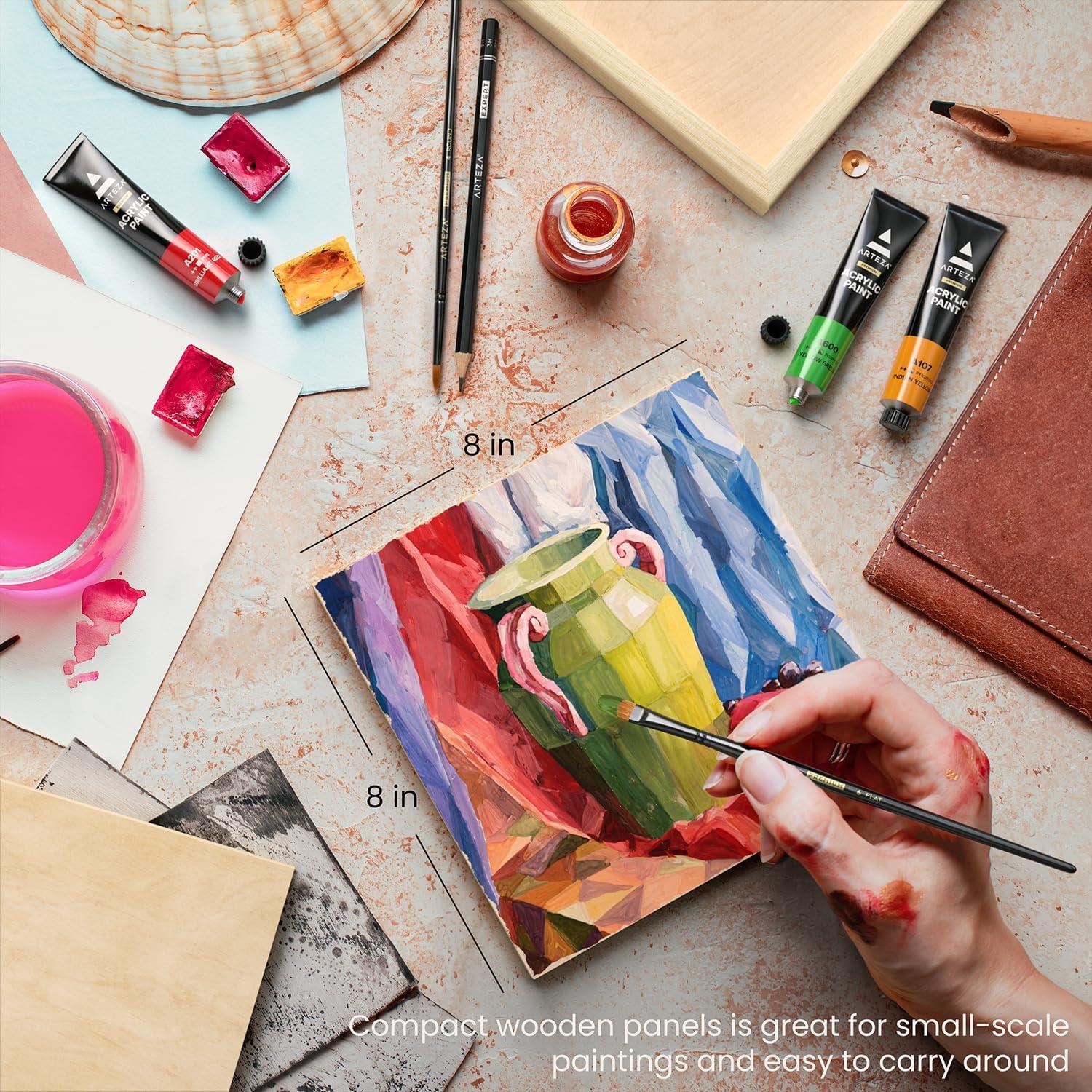ARTEZA Wood Painting Set with Acrylic Paint, Foam Paint Brushes for Acrylic Painting, Stencils, Wood Canvas Cradle Art Boards & Painter’s Tape, Experience Box for Home Decor, Painting & Drawing
