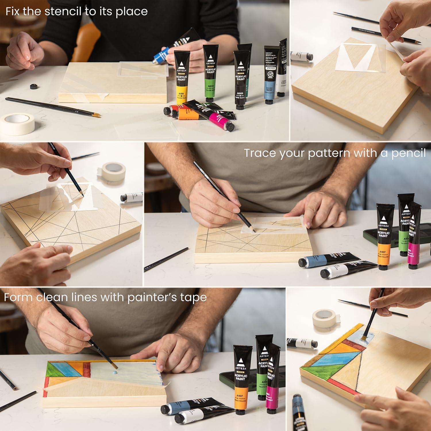 ARTEZA Wood Painting Set with Acrylic Paint, Foam Paint Brushes for Acrylic Painting, Stencils, Wood Canvas Cradle Art Boards & Painter’s Tape, Experience Box for Home Decor, Painting & Drawing