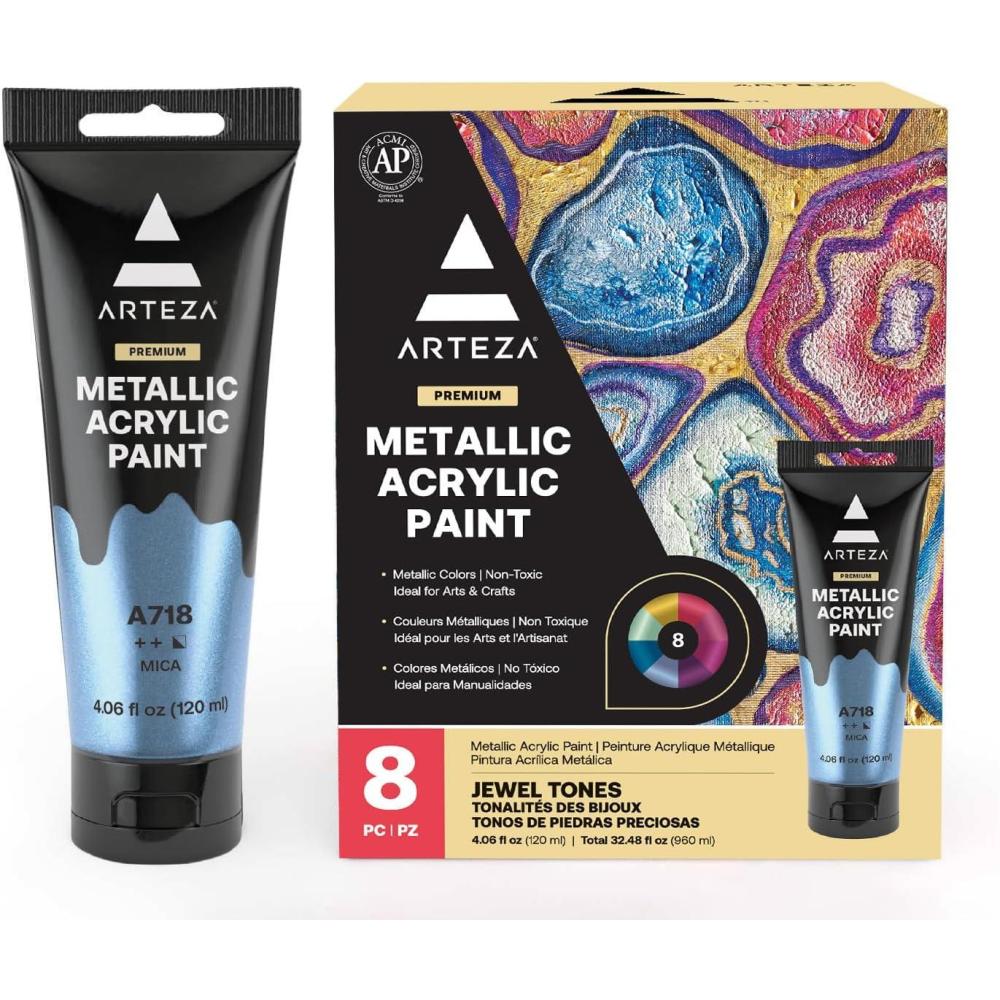 ARTEZA Pastel Acrylic Paint, Set of 8, Metallic Tones, 4.06 fl oz Tubes, High Viscosity Water-Based Paint, Glossy Finish, Art Supplies for Painting Paper, Canvas, Wood and Fabric, and DIY Projects(8 x 120ml (4.06 fl oz) Jewel)