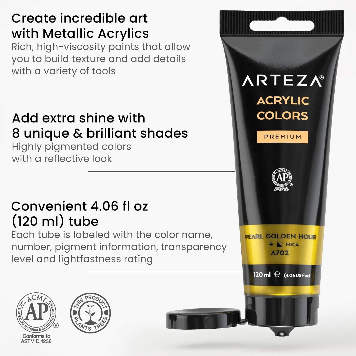 ARTEZA Pastel Acrylic Paint, Set of 8, Metallic Tones, 4.06 fl oz Tubes, High Viscosity Water-Based Paint, Glossy Finish, Art Supplies for Painting Paper, Canvas, Wood and Fabric, and DIY Projects(8 x 120ml (4.06 fl oz) Jewel)