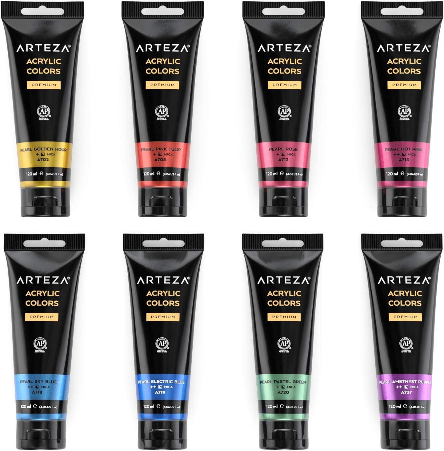 ARTEZA Pastel Acrylic Paint, Set of 8, Metallic Tones, 4.06 fl oz Tubes, High Viscosity Water-Based Paint, Glossy Finish, Art Supplies for Painting Paper, Canvas, Wood and Fabric, and DIY Projects(8 x 120ml (4.06 fl oz) Jewel)