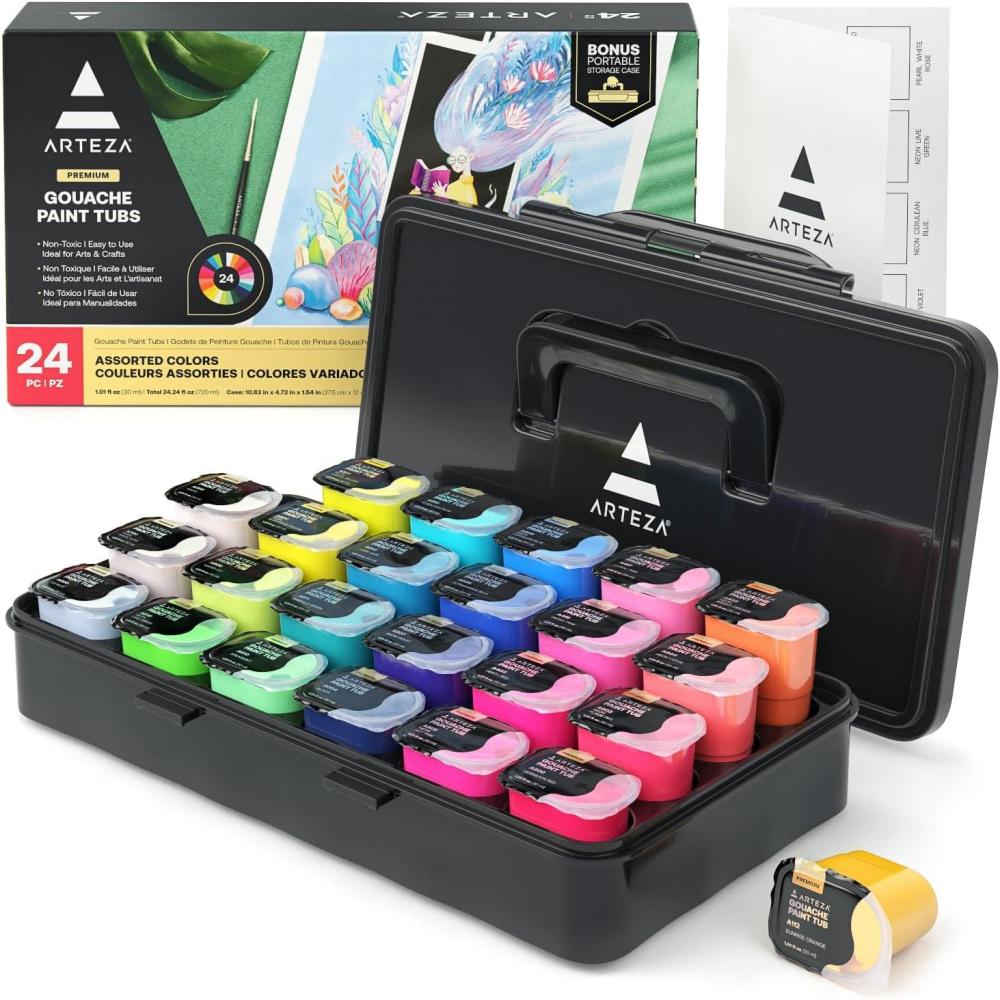 ARTEZA Gouache Paint, Set of 24 Jelly Paints, 1 fl oz (30 mL) Tubs, Opaque Gouache Set for Canvas, Paper, and Wood