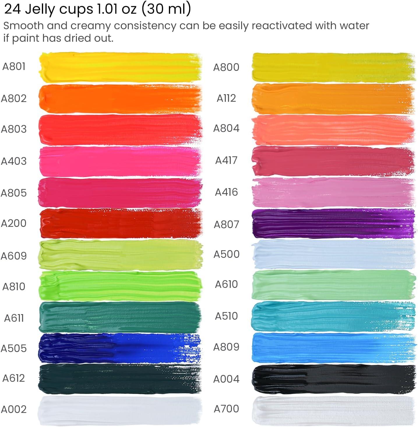 ARTEZA Gouache Paint, Set of 24 Jelly Paints, 1 fl oz (30 mL) Tubs, Opaque Gouache Set for Canvas, Paper, and Wood