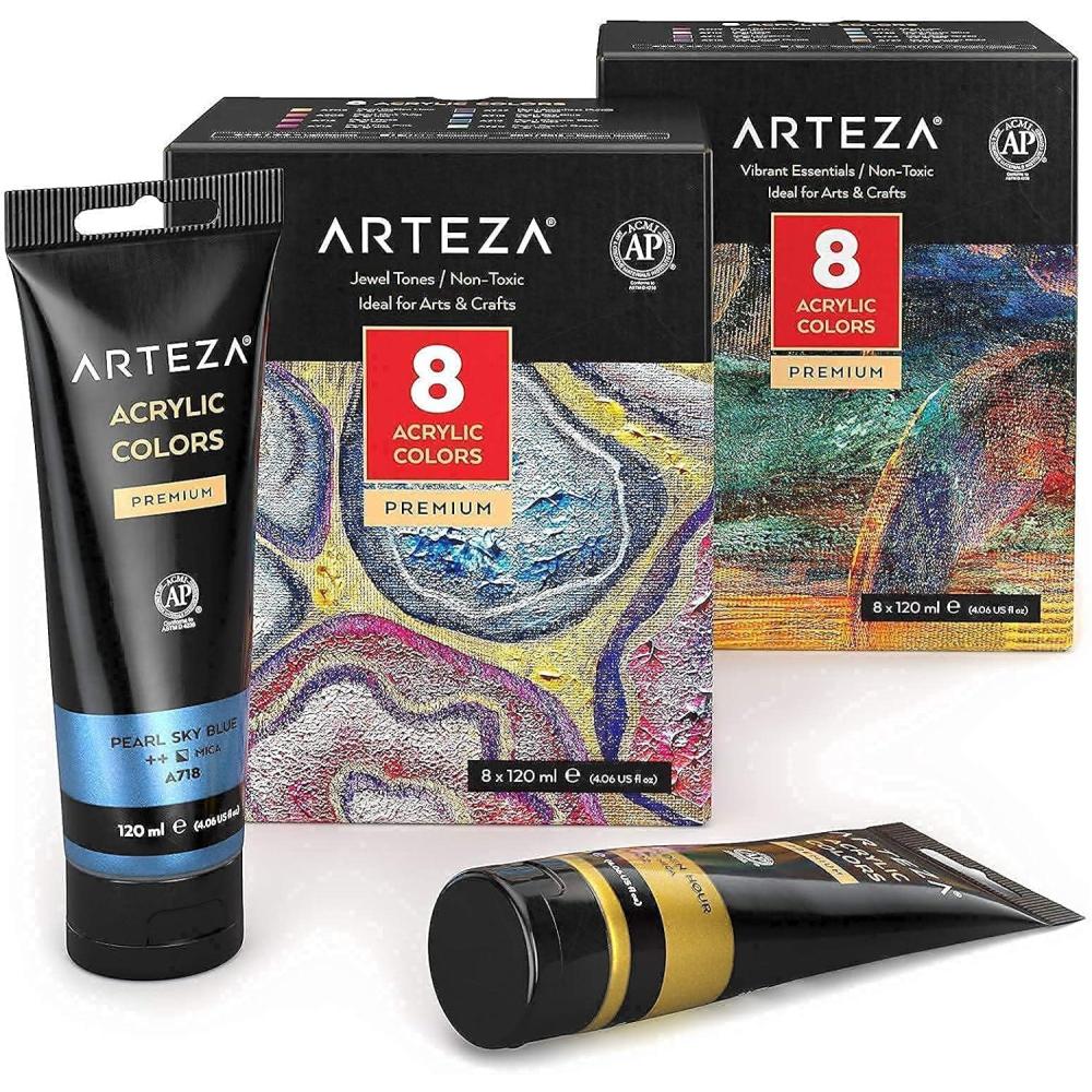 ARTEZA Metallic Acrylic Paint Bundle: Jewel and Essentials Colors, Painting Art Supplies for Artist, Hobby Painters & Beginners