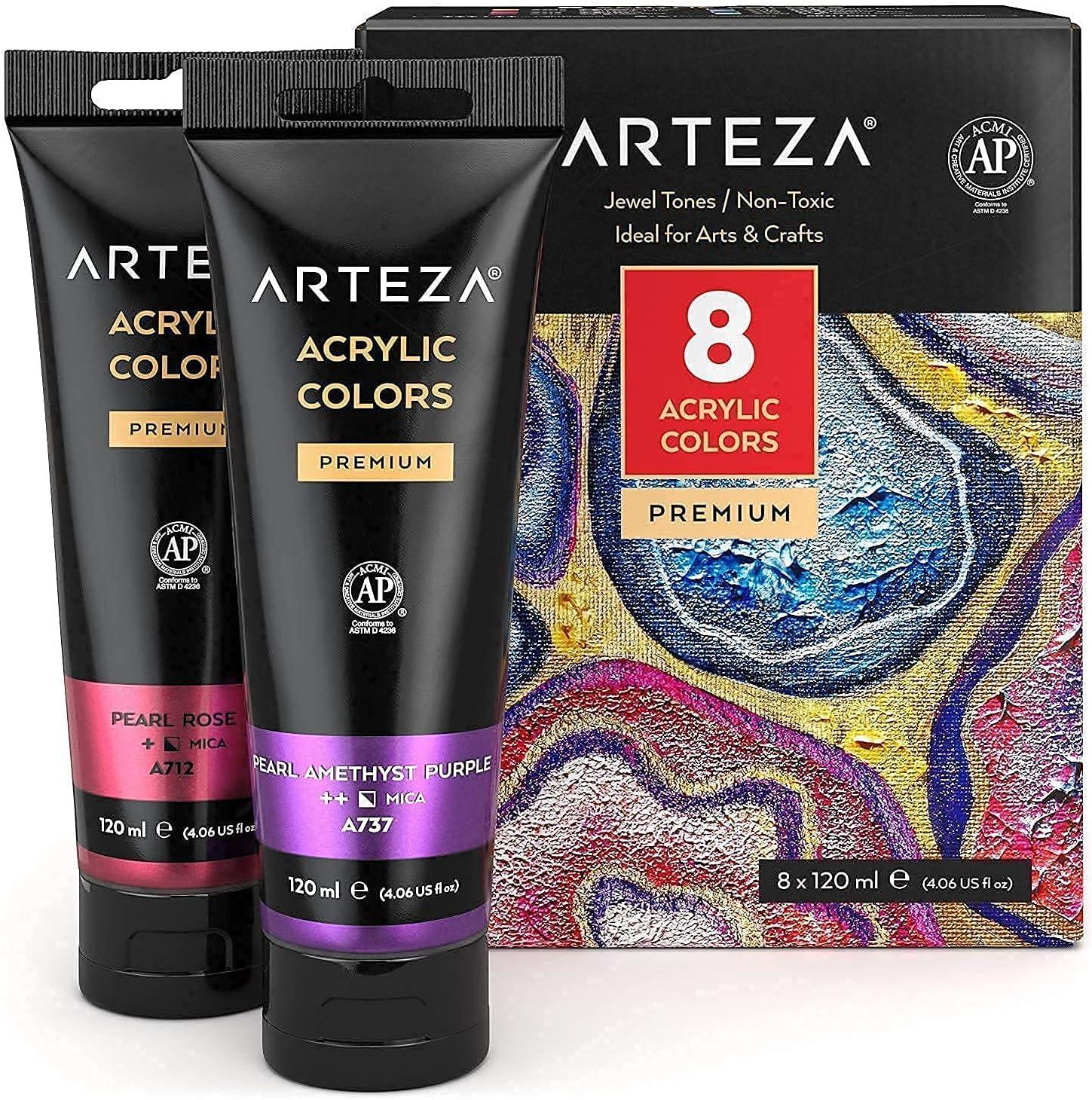 ARTEZA Metallic Acrylic Paint Bundle: Jewel and Essentials Colors, Painting Art Supplies for Artist, Hobby Painters & Beginners