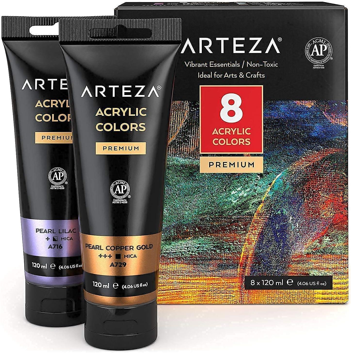 ARTEZA Metallic Acrylic Paint Bundle: Jewel and Essentials Colors, Painting Art Supplies for Artist, Hobby Painters & Beginners