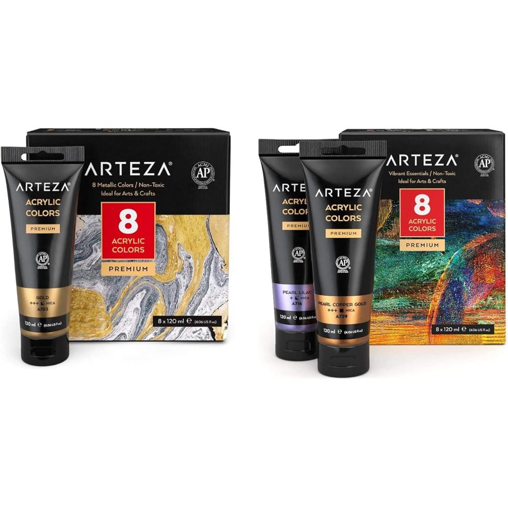ARTEZA Metallic Acrylic Paint Set of 8 and Metallic Acrylic Paint Set of 8 Vibrant Essentials, Painting Art Supplies for Artist, Hobby Painters & Beginners