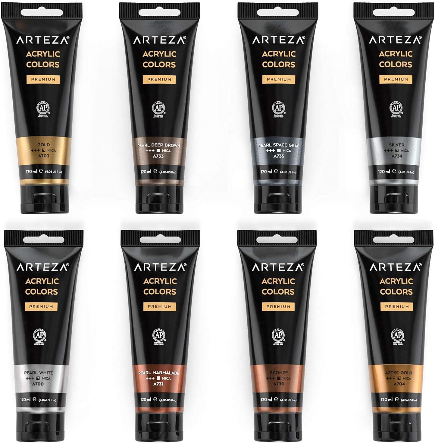 ARTEZA Metallic Acrylic Paint Set of 8 and Metallic Acrylic Paint Set of 8 Vibrant Essentials, Painting Art Supplies for Artist, Hobby Painters & Beginners