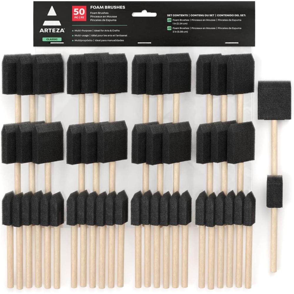 ARTEZA Foam Paint Brushes, Set of 50, Includes 25 x 1 Inch & 25 x 2 Inch Sponge Brushes
