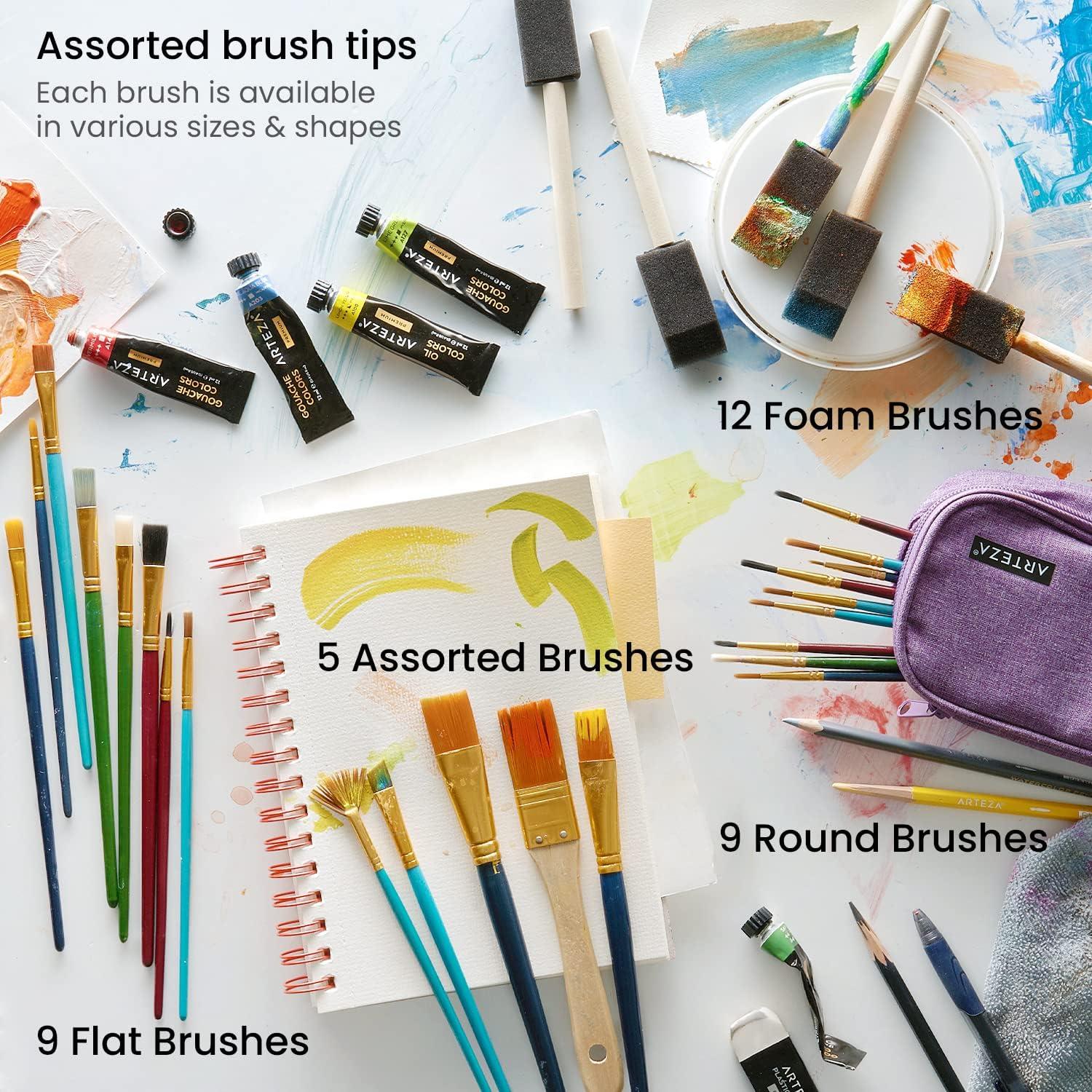 ARTEZA Paint Brush Set, 72 Brushes with Foam, Flat & Detail Tips, Mixed Handles, Art Brushes for Watercolor, Acrylic on Canvas, Paper or Wood(35 Craft Brushes)