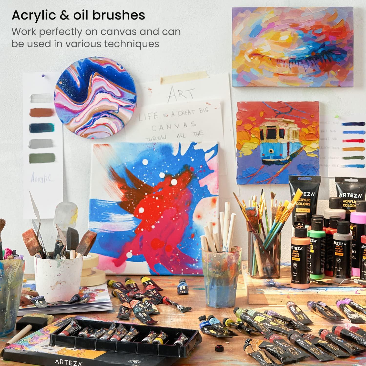 ARTEZA Paint Brush Set, 72 Brushes with Foam, Flat & Detail Tips, Mixed Handles, Art Brushes for Watercolor, Acrylic on Canvas, Paper or Wood(35 Craft Brushes)