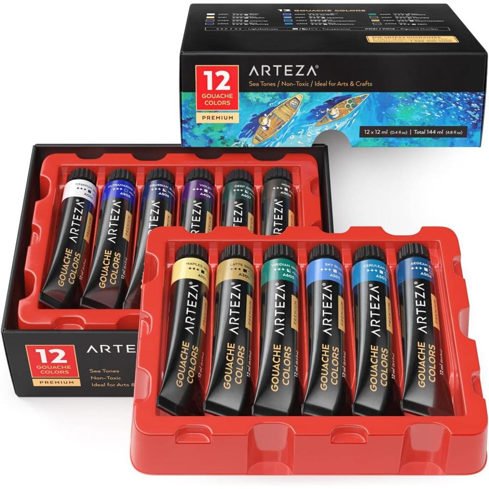 ARTEZA Gouache Paint, 12 Colors, Sea Tones, 0.4 US fl oz Tubes, Opaque Water-Based Paint for Canvas and Paper, Art Supplies for Professionals, Students