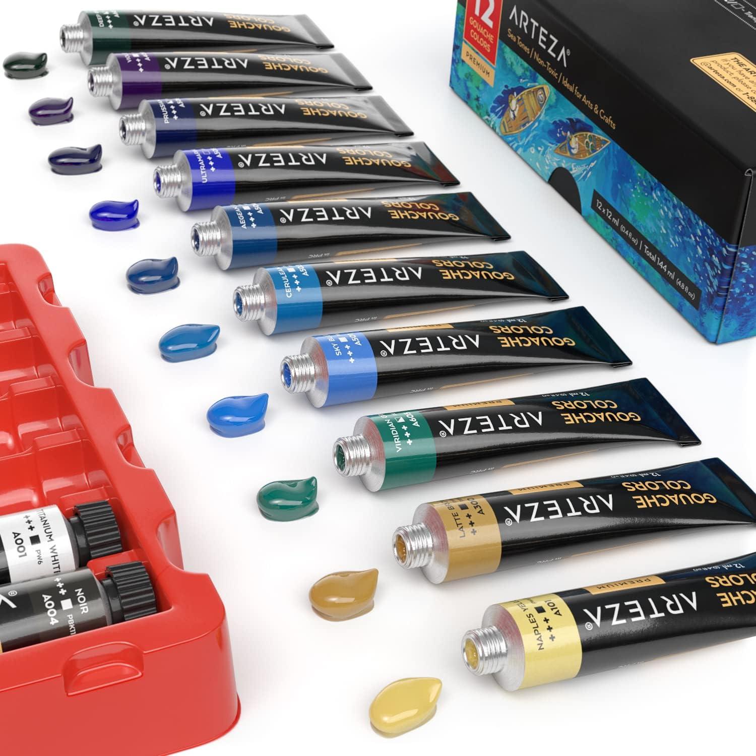 ARTEZA Gouache Paint, 12 Colors, Sea Tones, 0.4 US fl oz Tubes, Opaque Water-Based Paint for Canvas and Paper, Art Supplies for Professionals, Students