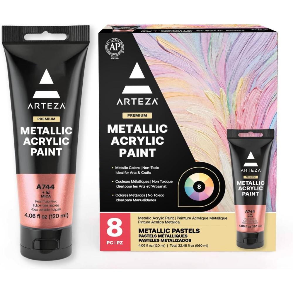 ARTEZA Pastel Acrylic Paint, Set of 8, Metallic Tones, 4.06 fl oz Tubes, High Viscosity Water-Based Paint, Glossy Finish, Art Supplies for Painting Paper, Canvas, Wood and Fabric, and DIY Projects(8 x 120ml (4.06 fl oz) Pastel)