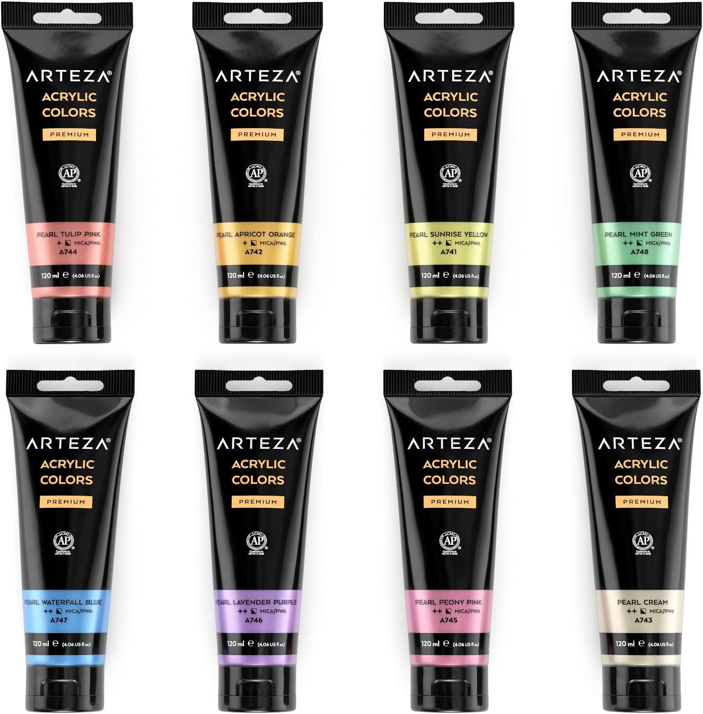 ARTEZA Pastel Acrylic Paint, Set of 8, Metallic Tones, 4.06 fl oz Tubes, High Viscosity Water-Based Paint, Glossy Finish, Art Supplies for Painting Paper, Canvas, Wood and Fabric, and DIY Projects(8 x 120ml (4.06 fl oz) Pastel)