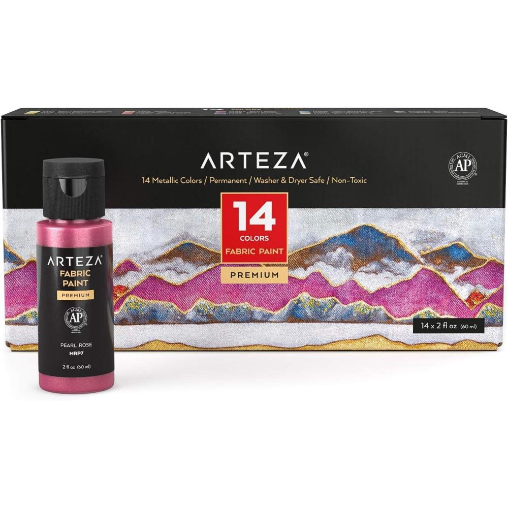 ARTEZA Metallic Fabric Paint, Set of 14, Permanent Paint, Textile Paint for Drawing on T-Shirts, Denim, Cotton, Linen, and Mixed Fabrics
