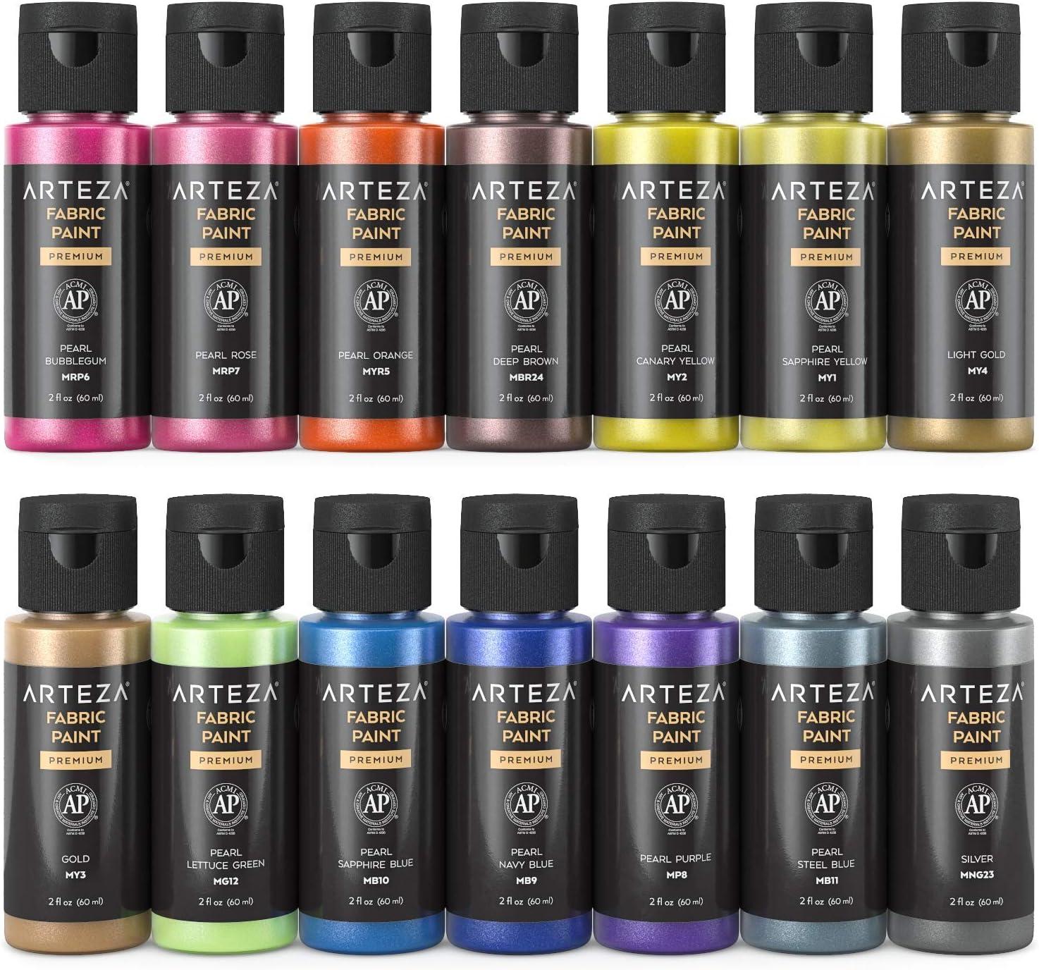 ARTEZA Metallic Fabric Paint, Set of 14, Permanent Paint, Textile Paint for Drawing on T-Shirts, Denim, Cotton, Linen, and Mixed Fabrics