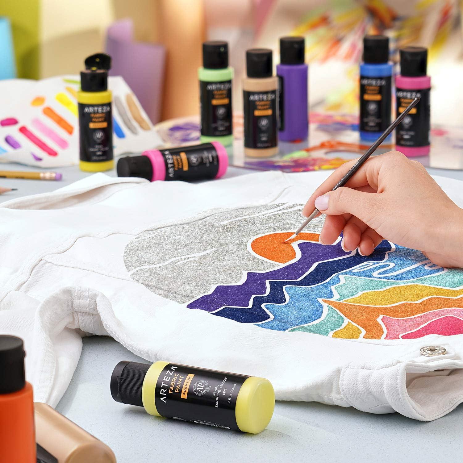 ARTEZA Metallic Fabric Paint, Set of 14, Permanent Paint, Textile Paint for Drawing on T-Shirts, Denim, Cotton, Linen, and Mixed Fabrics