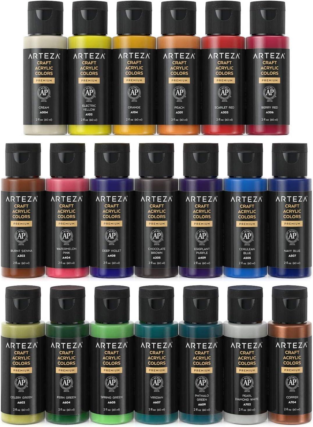 Arteza Craft Acrylic Paint, Set of 20 Classic Colors, 2.02-oz 60 ml Bottles, Water-Based Acrylic Craft Paint for Art & DIY Projects on Glass, Wood, Ceramics, Fabrics, Paper & Canvas