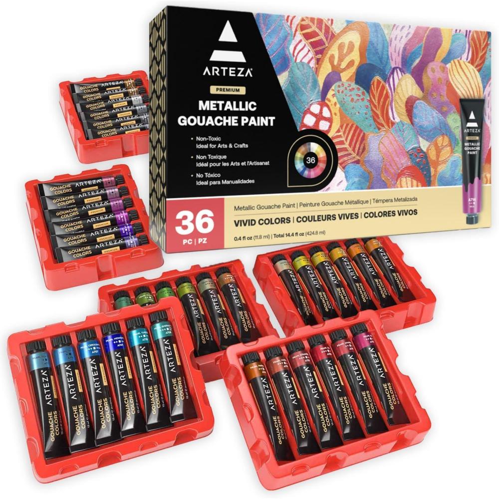 ARTEZA Metallic Gouache Paint, Set of 12, 12ml/0.4 US fl oz Gouache Paint Tubes, Glitter Paint for Canvas and Paper(0.4 Fl Oz (Pack of 36))
