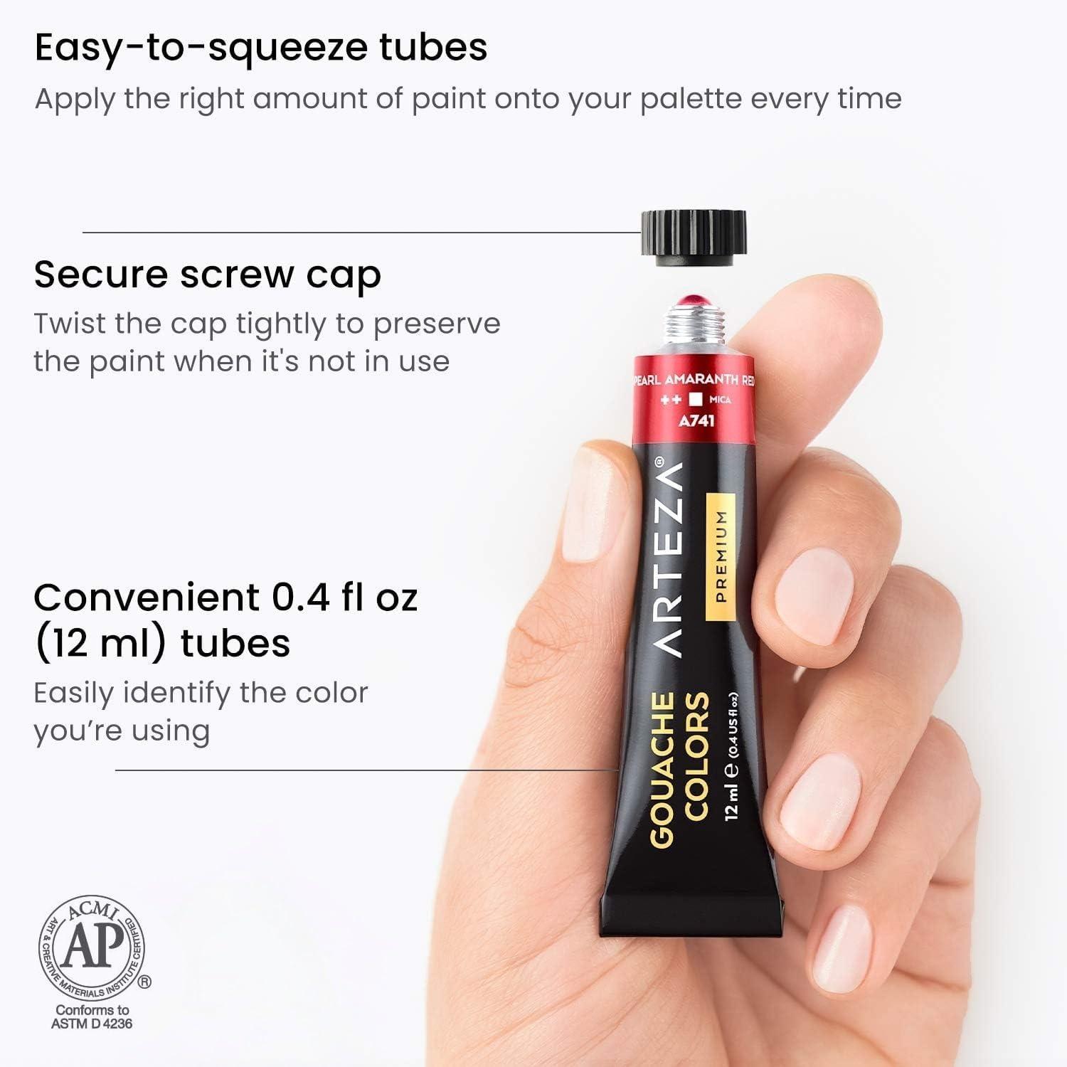 ARTEZA Metallic Gouache Paint, Set of 12, 12ml/0.4 US fl oz Gouache Paint Tubes, Glitter Paint for Canvas and Paper(0.4 Fl Oz (Pack of 36))