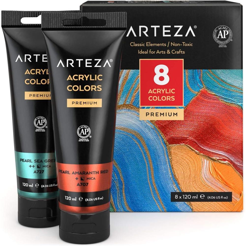 ARTEZA Pastel Acrylic Paint, Set of 8, Metallic Tones, 4.06 fl oz Tubes, High Viscosity Water-Based Paint, Glossy Finish, Art Supplies for Painting Paper, Canvas, Wood and Fabric, and DIY Projects(8 x 120ml (4.06 fl oz) Classic Elements)