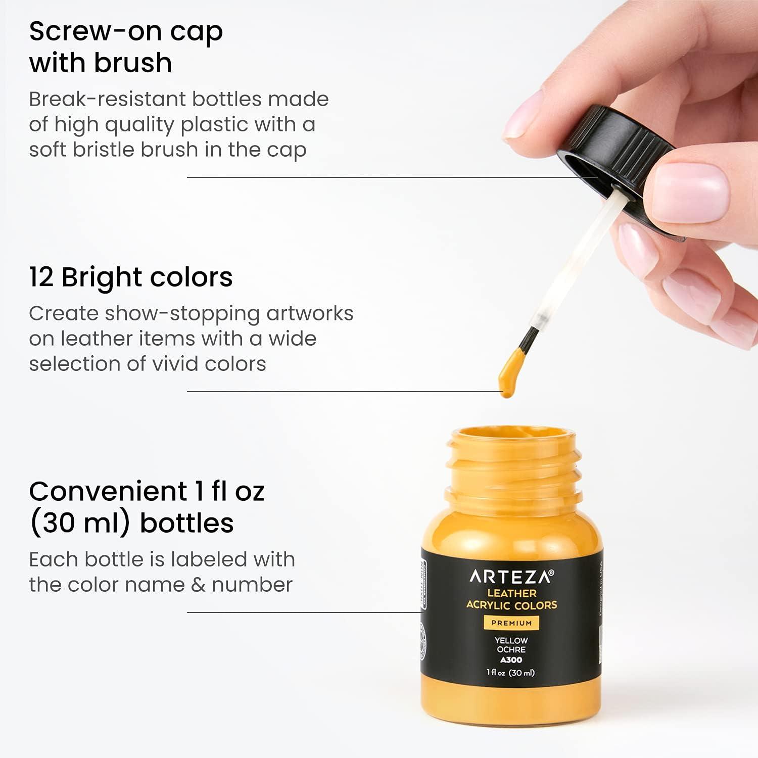 ARTEZA Acrylic Leather Paint, Set of 12, 1 fl oz Bottles, Water-Resistant Fabric Paint for Shoes, Art Supplies for Painting Furniture, Clothes, Belts, Wallets, and Bags
