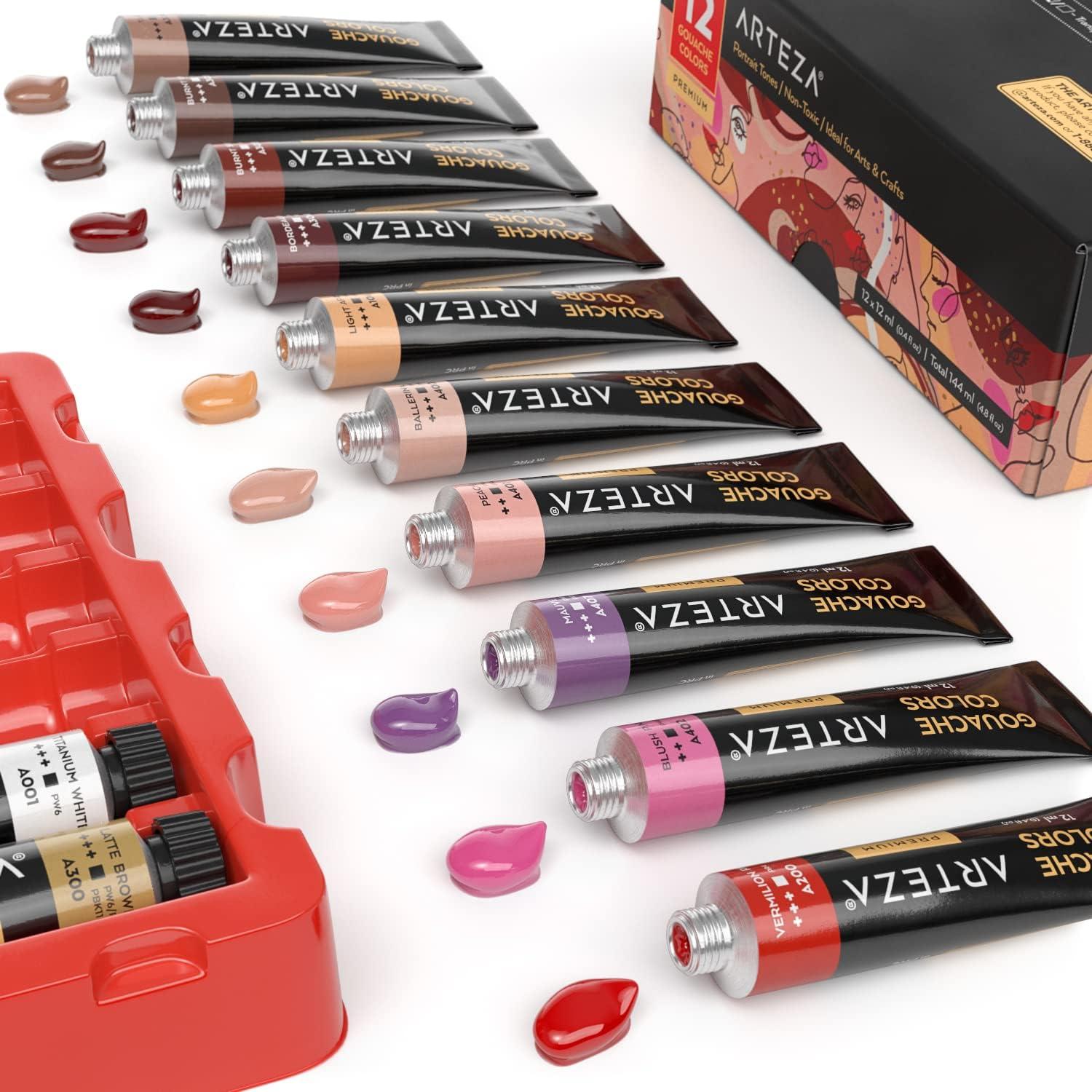 Arteza Gouache Paint, 12 Colors, Skin Tones, 0.4 US fl oz Tubes, Opaque Water-Based Paint for Canvas and Paper, Art Supplies for Professionals, Students