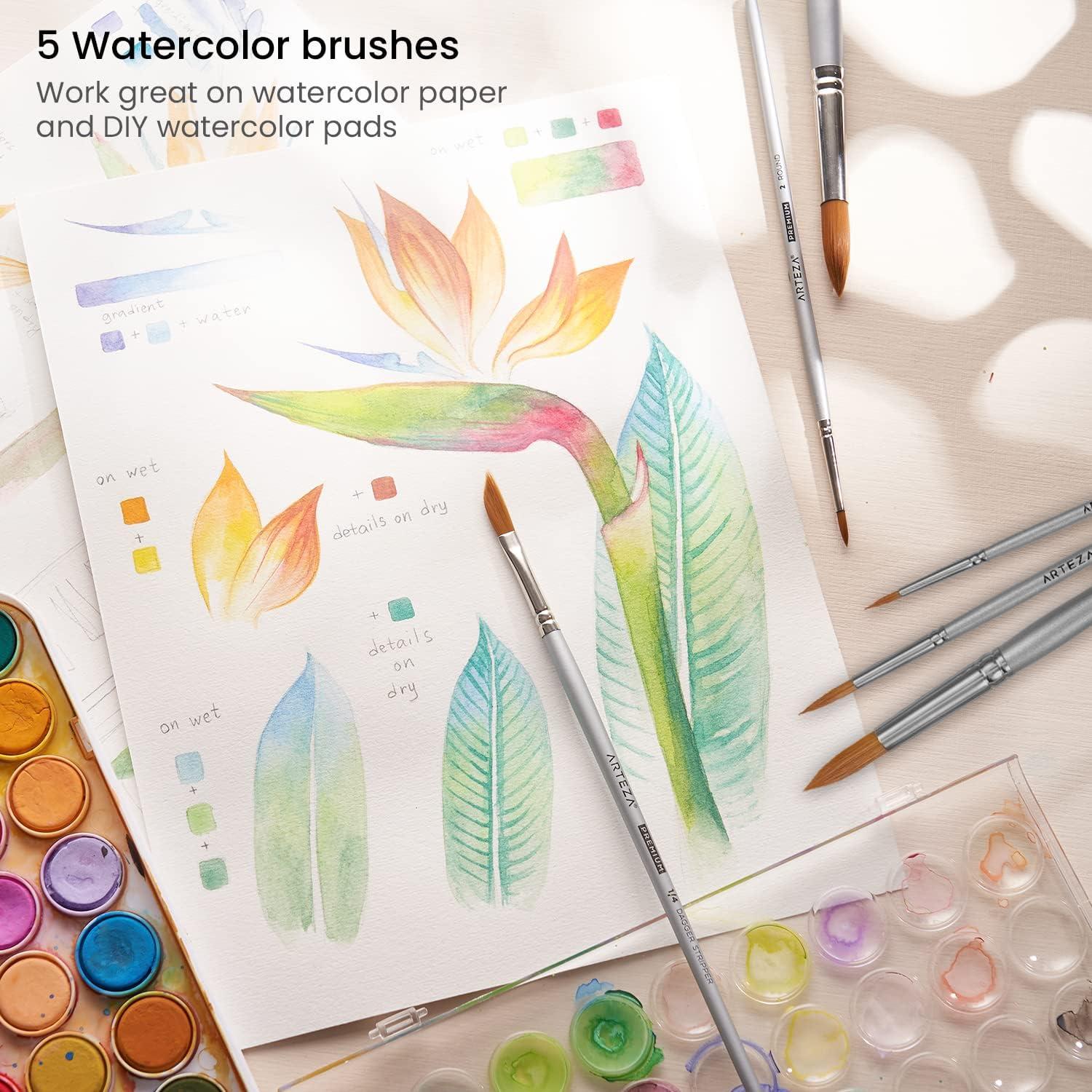 ARTEZA Paint Brush Set, 72 Brushes with Foam, Flat & Detail Tips, Mixed Handles, Art Brushes for Watercolor, Acrylic on Canvas, Paper or Wood(Watercolor Brushes Set B)