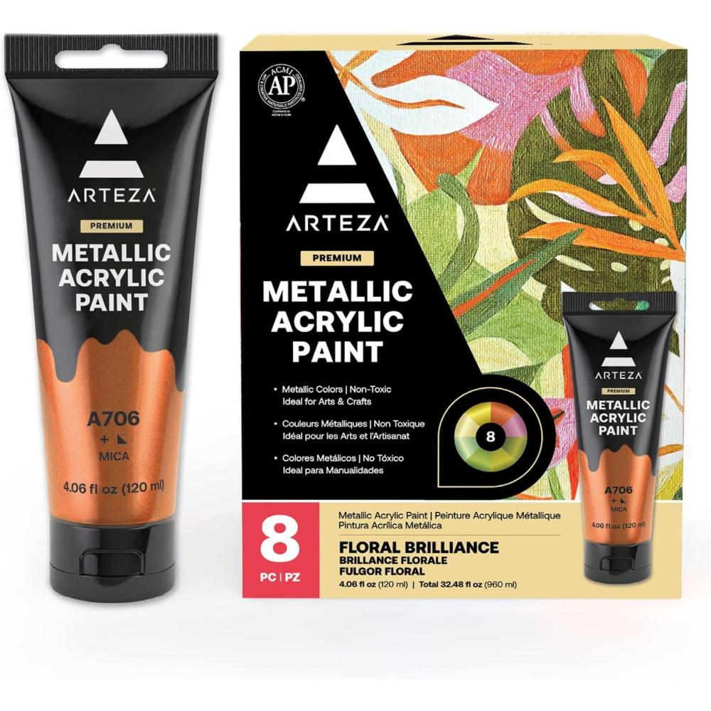 ARTEZA Pastel Acrylic Paint, Set of 8, Metallic Tones, 4.06 fl oz Tubes, High Viscosity Water-Based Paint, Glossy Finish, Art Supplies for Painting Paper, Canvas, Wood and Fabric, and DIY Projects(8 x 120ml (4.06 fl oz) Floral Brilliance)