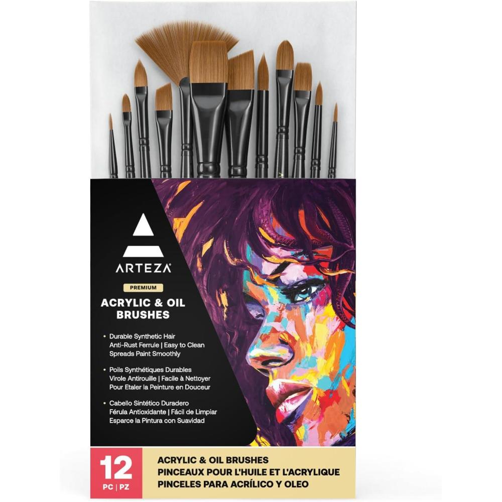 ARTEZA Paint Brush Set, 72 Brushes with Foam, Flat & Detail Tips, Mixed Handles, Art Brushes for Watercolor, Acrylic on Canvas, Paper or Wood(Acrylic & Oil)