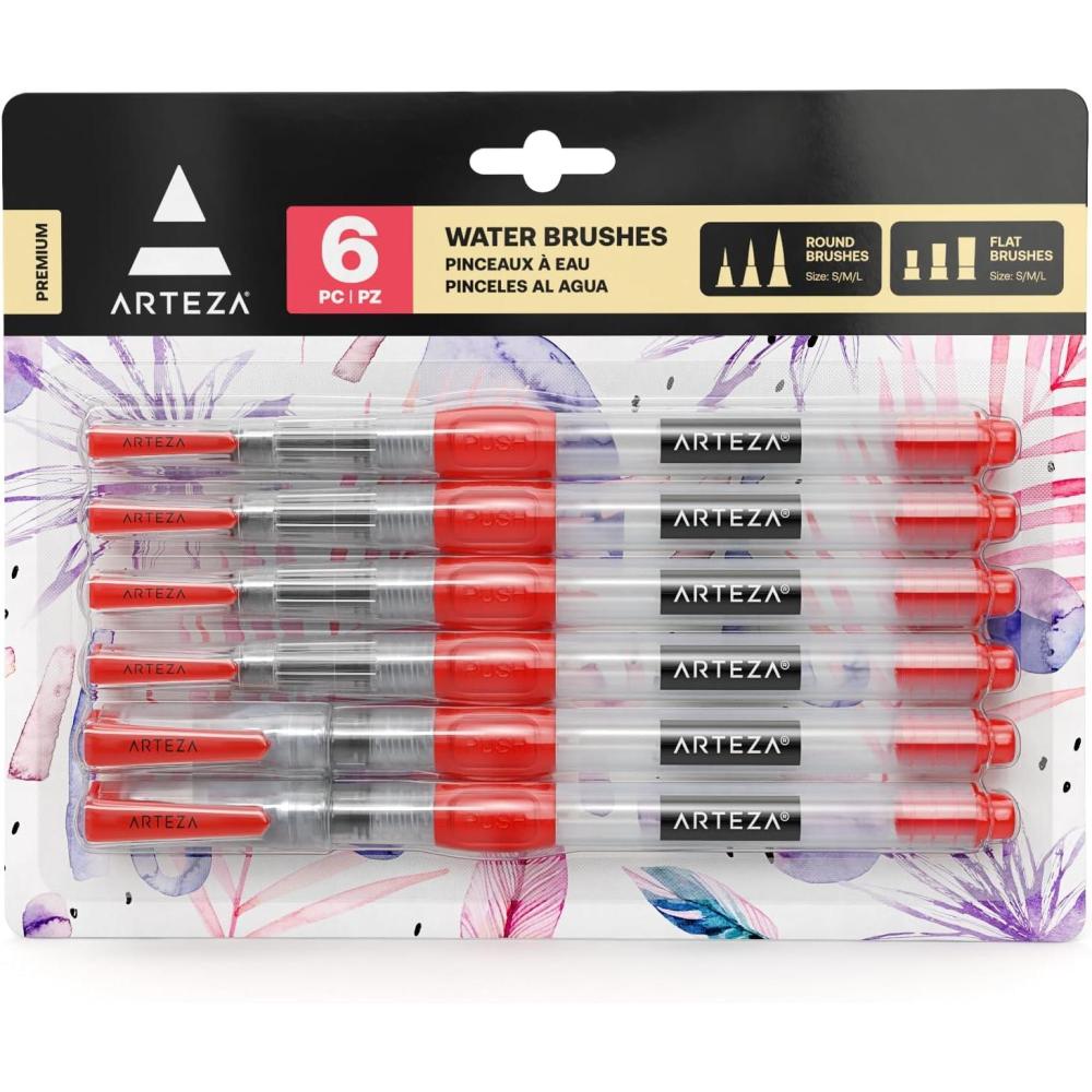 ARTEZA Water Brush Pen, 6-Piece Set, Fine, Medium & Broad Tips, Refillable Self-Moistening Brushes for Painting & Lettering(1 Count (Pack of 6))