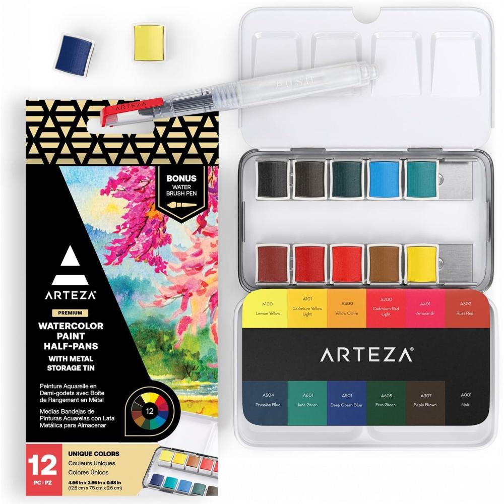 ARTEZA Watercolor Paint, Set of 12 Assorted Vibrant Colors in Half Pans, Tin Box with Water Brush Pen for Artists, and Beginners