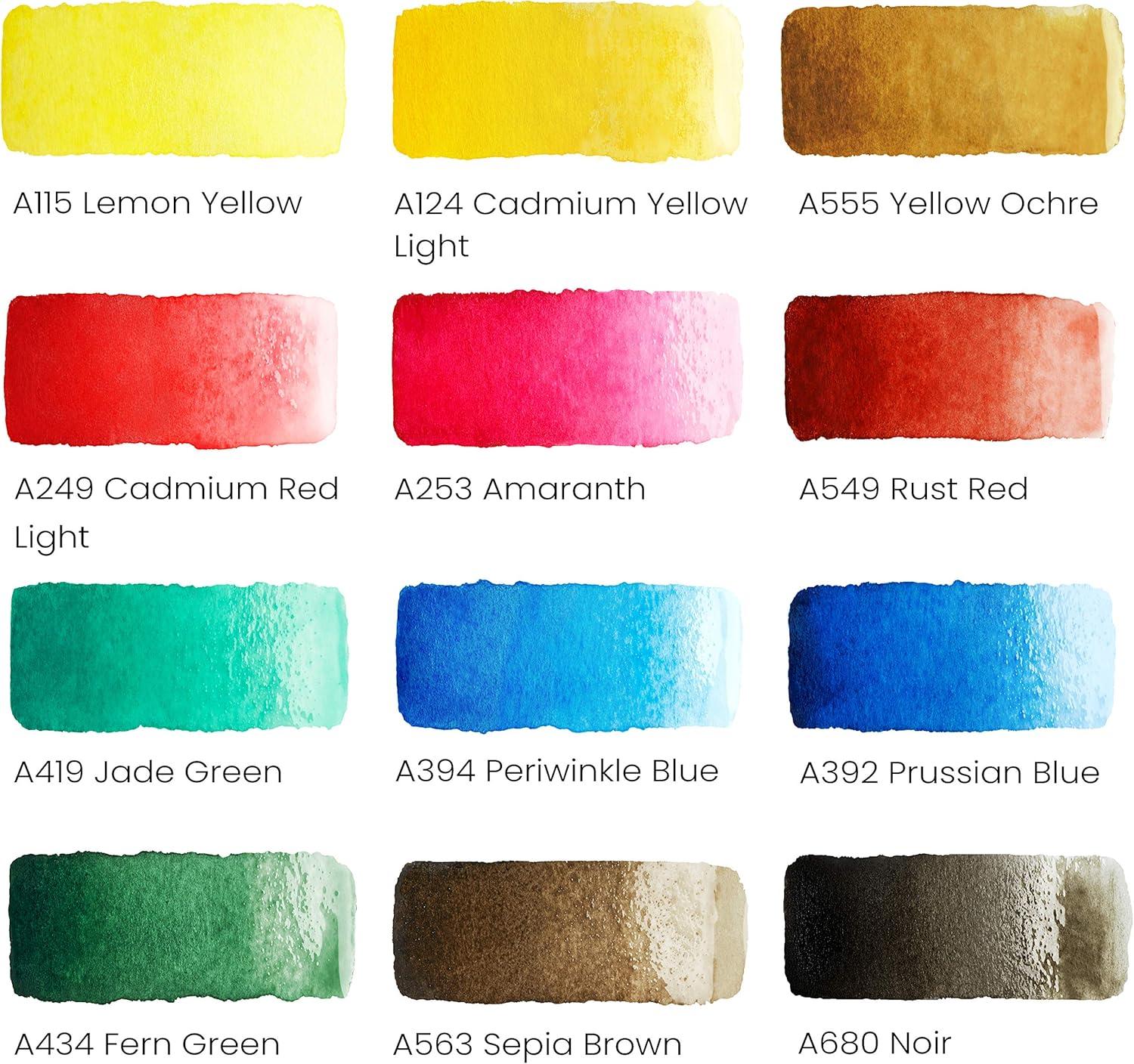 ARTEZA Watercolor Paint, Set of 12 Assorted Vibrant Colors in Half Pans, Tin Box with Water Brush Pen for Artists, and Beginners