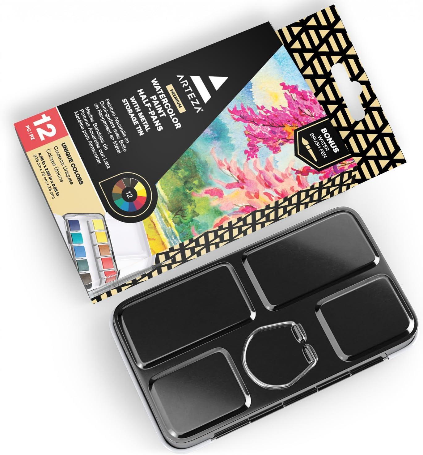 ARTEZA Watercolor Paint, Set of 12 Assorted Vibrant Colors in Half Pans, Tin Box with Water Brush Pen for Artists, and Beginners