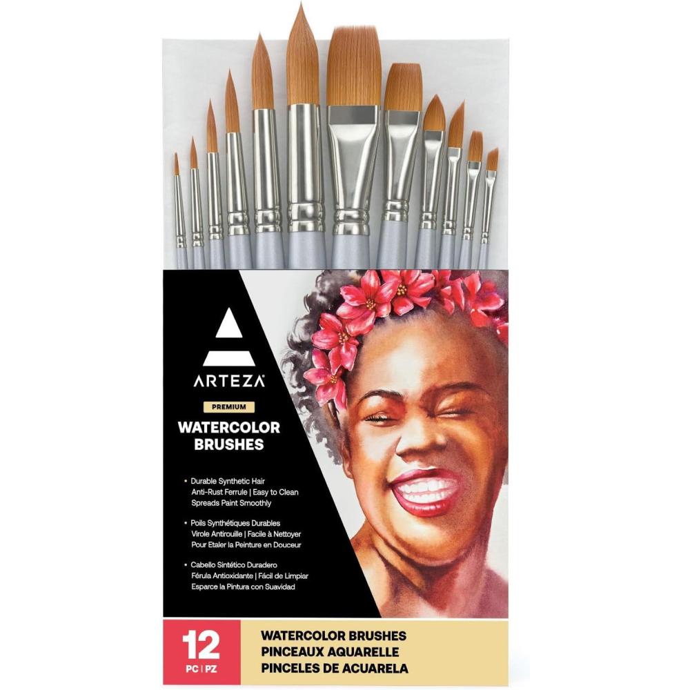 ARTEZA Paint Brush Set, 72 Brushes with Foam, Flat & Detail Tips, Mixed Handles, Art Brushes for Watercolor, Acrylic on Canvas, Paper or Wood(Watercolor Set)