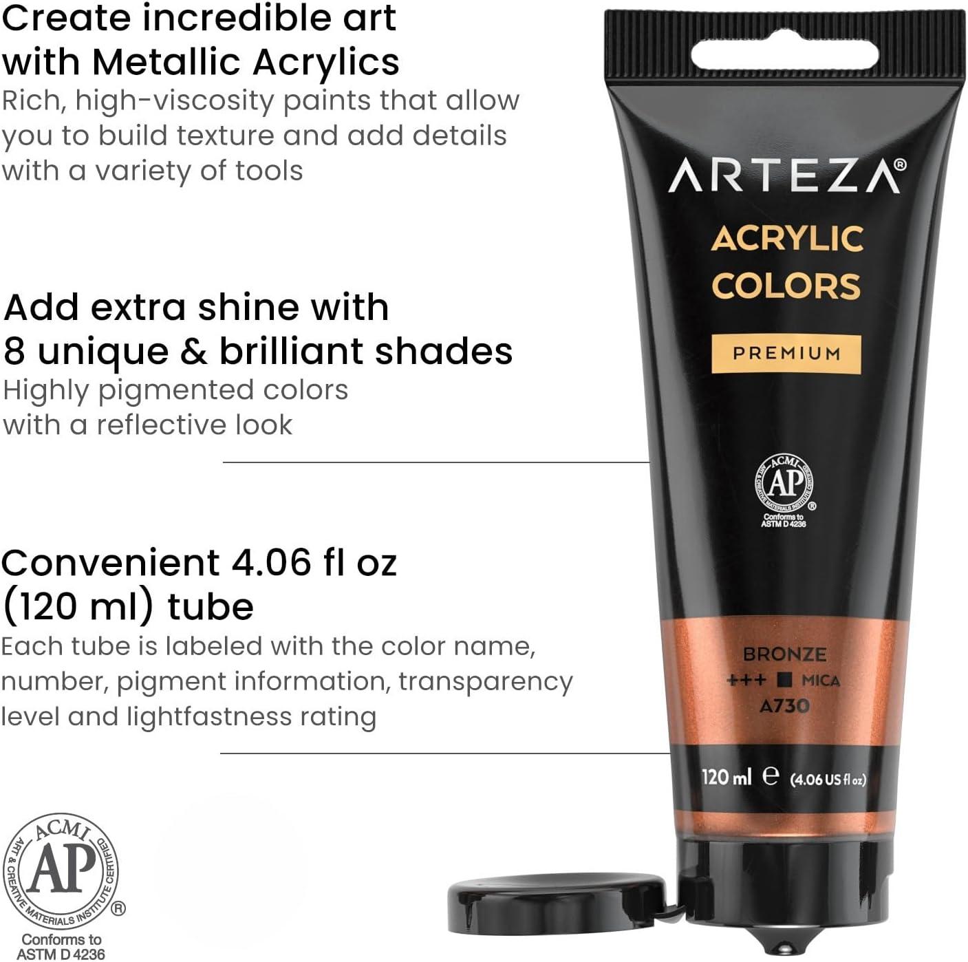 ARTEZA Pastel Acrylic Paint, Set of 8, Metallic Tones, 4.06 fl oz Tubes, High Viscosity Water-Based Paint, Glossy Finish, Art Supplies for Painting Paper, Canvas, Wood and Fabric, and DIY Projects(8 x 120ml (4.06 fl oz) Metallic)