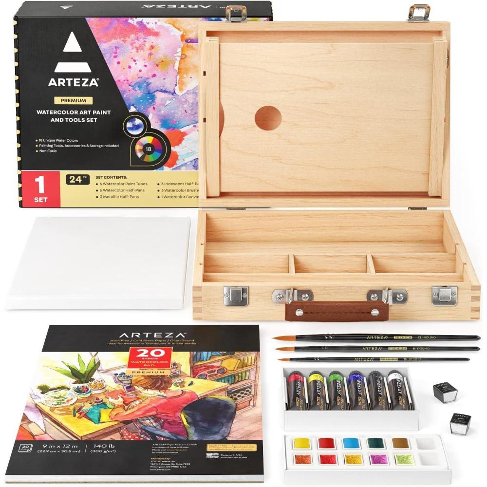 Arteza Watercolor Paint Kit, 24 Pieces, 18 Vibrant Watercolors, 3 Watercolor Brushes, Watercolor Paper Pad and Canvas, and Wooden Storage Case, Art Supplies for Painters(Watercolor)