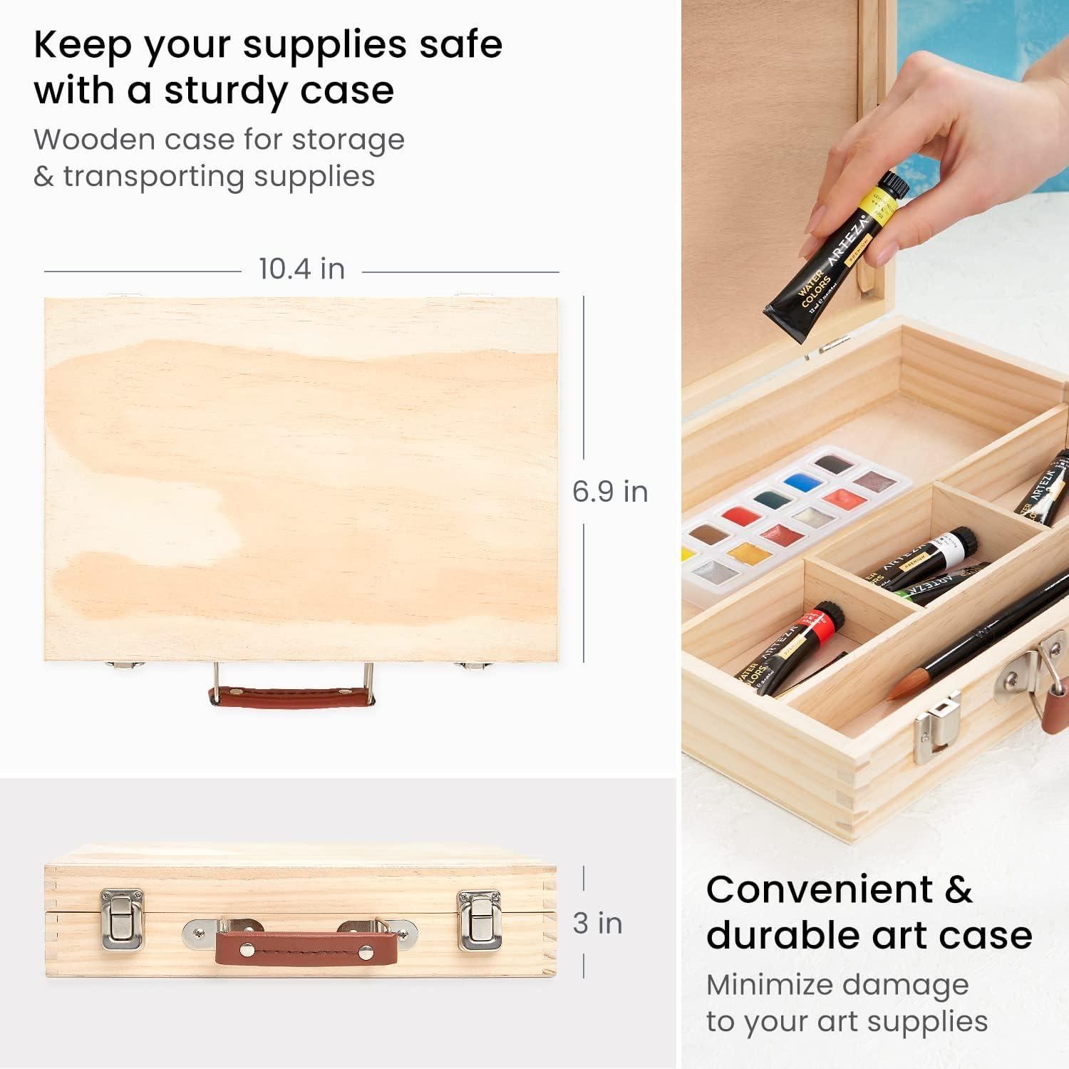 Arteza Watercolor Paint Kit, 24 Pieces, 18 Vibrant Watercolors, 3 Watercolor Brushes, Watercolor Paper Pad and Canvas, and Wooden Storage Case, Art Supplies for Painters(Watercolor)