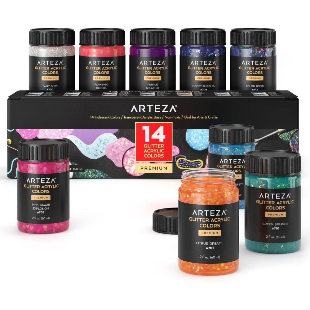 ARTEZA Glitter Acrylic Paint, 14 Iridescent Colors, 2 fl oz Bottles, Transparent Base, Iridescent Paint with Chunky Glitter, Art Supplies for Adding Accents to Canvas, Paper, Wood, and Glass