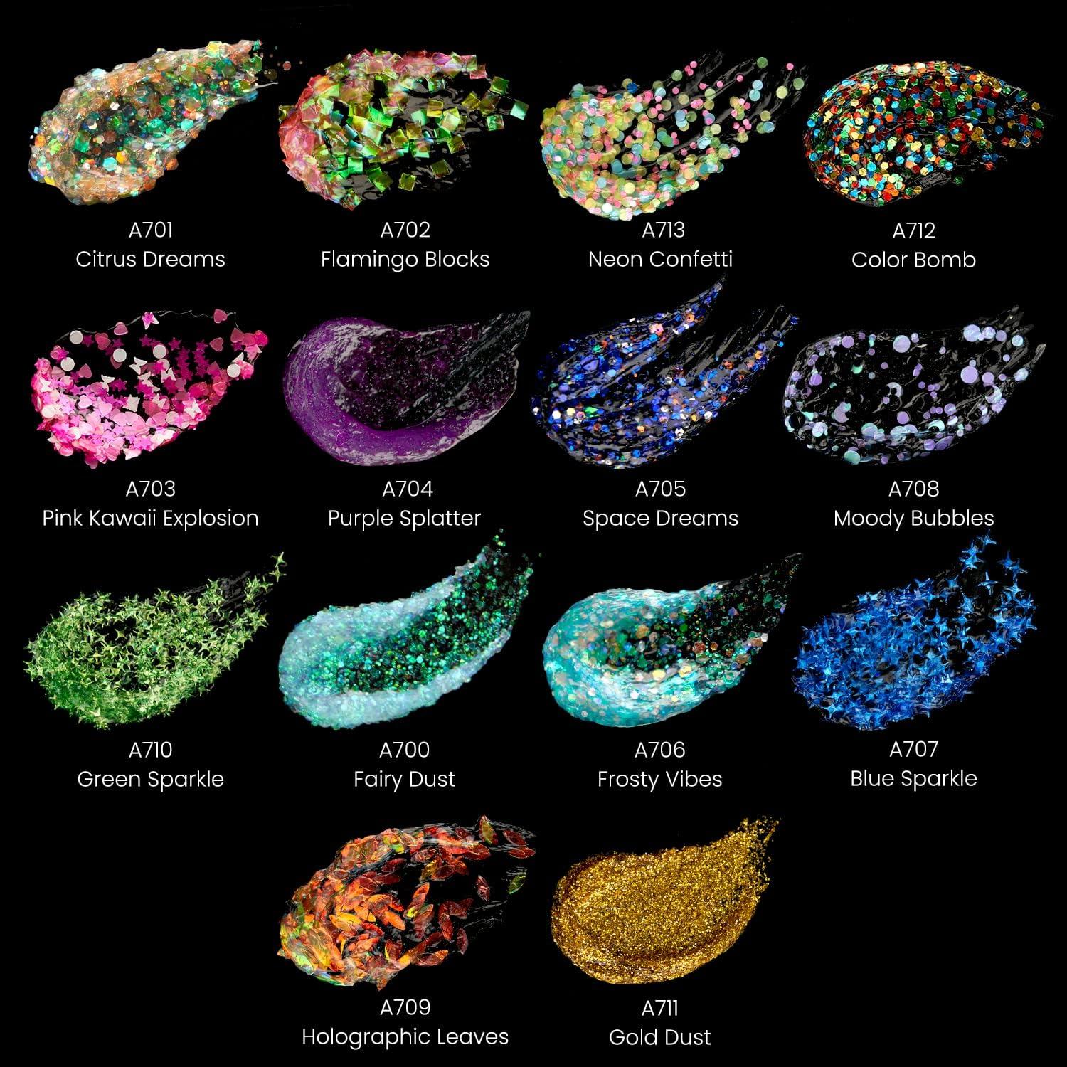 ARTEZA Glitter Acrylic Paint, 14 Iridescent Colors, 2 fl oz Bottles, Transparent Base, Iridescent Paint with Chunky Glitter, Art Supplies for Adding Accents to Canvas, Paper, Wood, and Glass