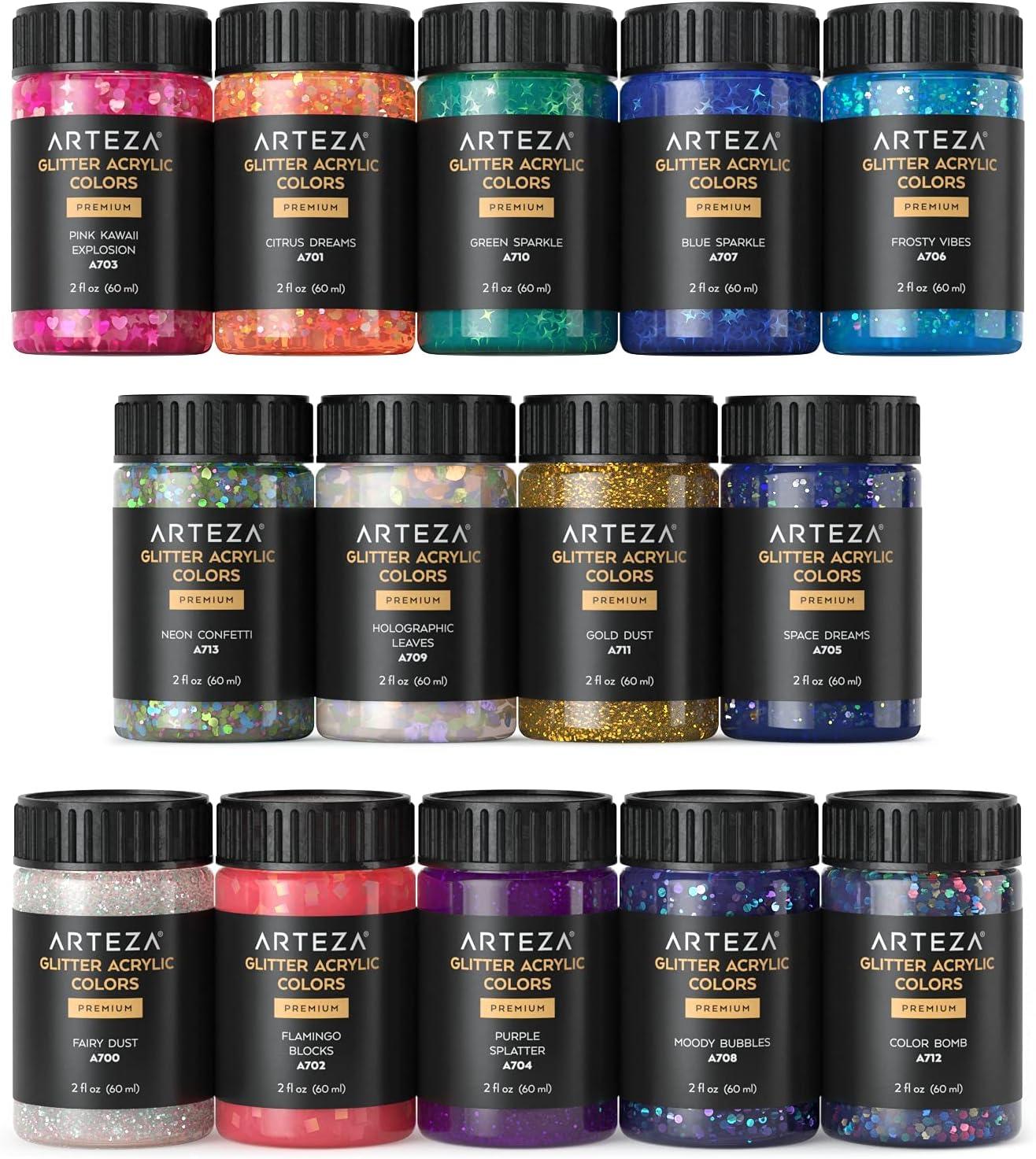 ARTEZA Glitter Acrylic Paint, 14 Iridescent Colors, 2 fl oz Bottles, Transparent Base, Iridescent Paint with Chunky Glitter, Art Supplies for Adding Accents to Canvas, Paper, Wood, and Glass
