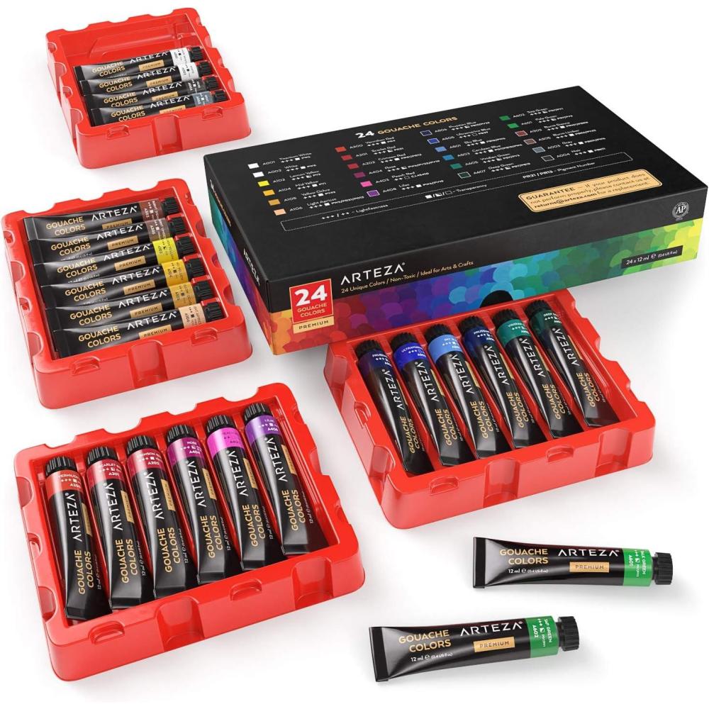 ARTEZA Gouache Paint, Set of 24, 12ml/0.4 US fl oz Gouache Paint Tubes, Gouache Set for Adults and Students(Set of 24 Assorted Tones)