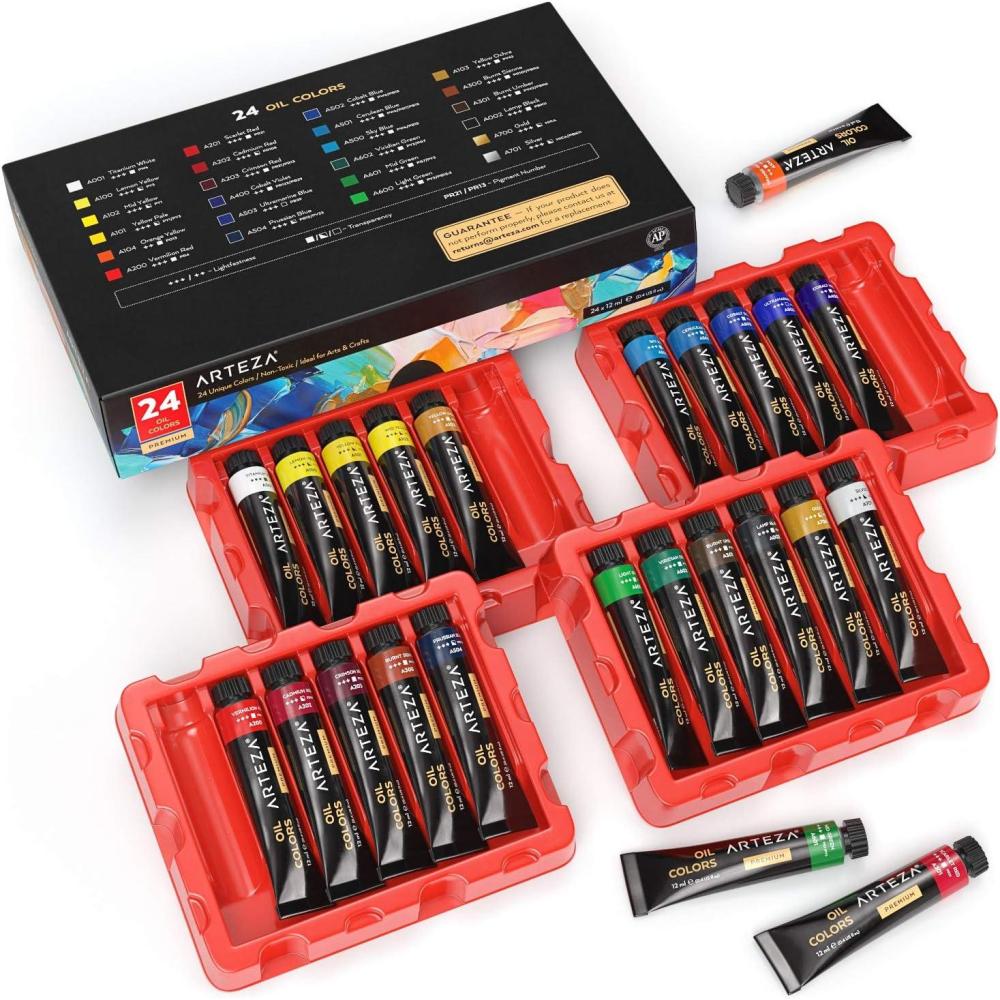 ARTEZA Oil Paint Set – 24 Multicolor Tubes (0.4 Fluid Ounces Each), Vibrant Oil-Based Paints for Canvas & Art Projects