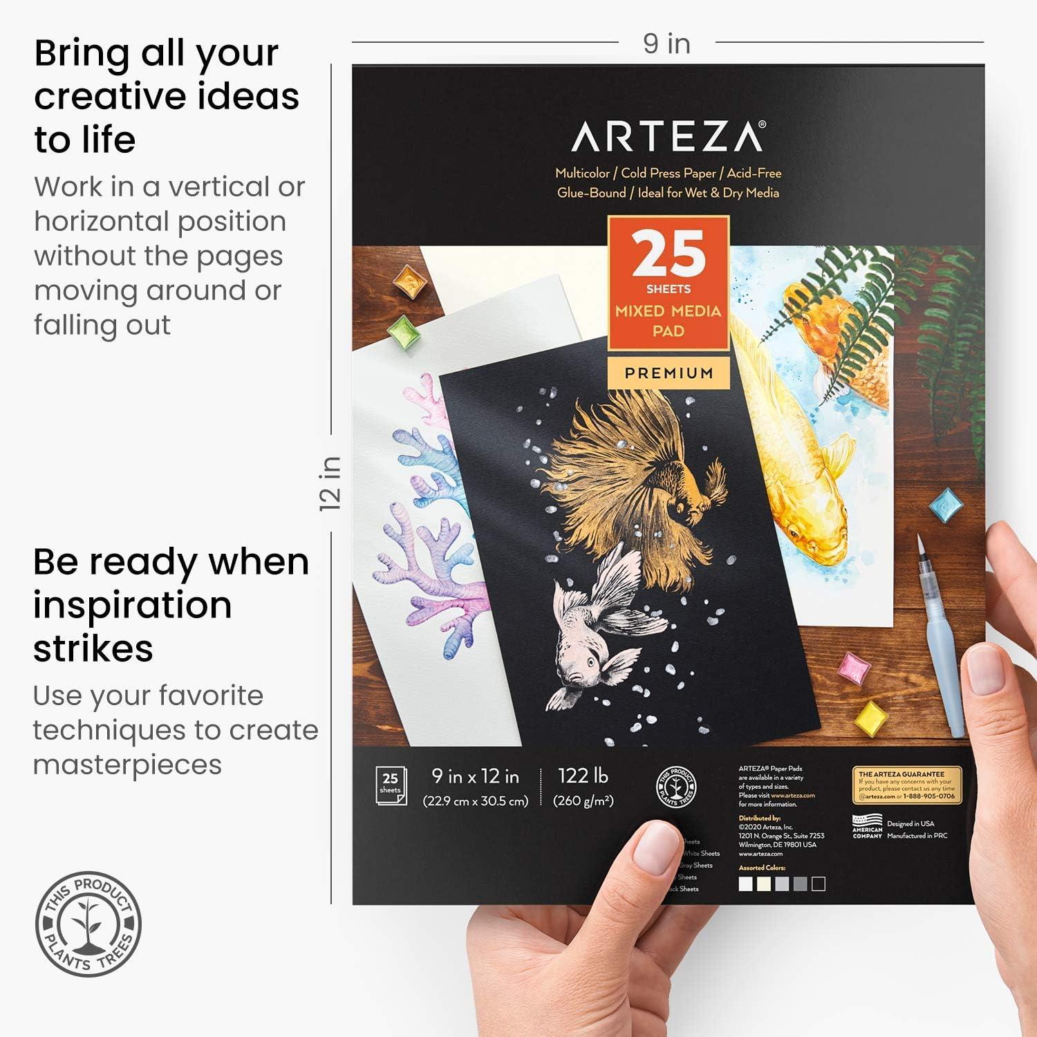 ARTEZA Metallic Watercolor Paint Art Set, 24 Half-Pans, Water Brush Pen, Toned Watercolor Paper, 25 Sheets, 5 Shades