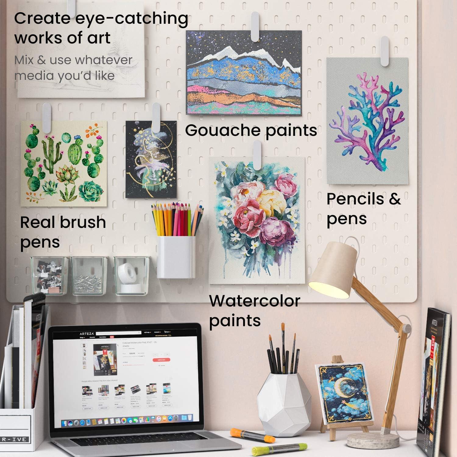 ARTEZA Metallic Watercolor Paint Art Set, 24 Half-Pans, Water Brush Pen, Toned Watercolor Paper, 25 Sheets, 5 Shades