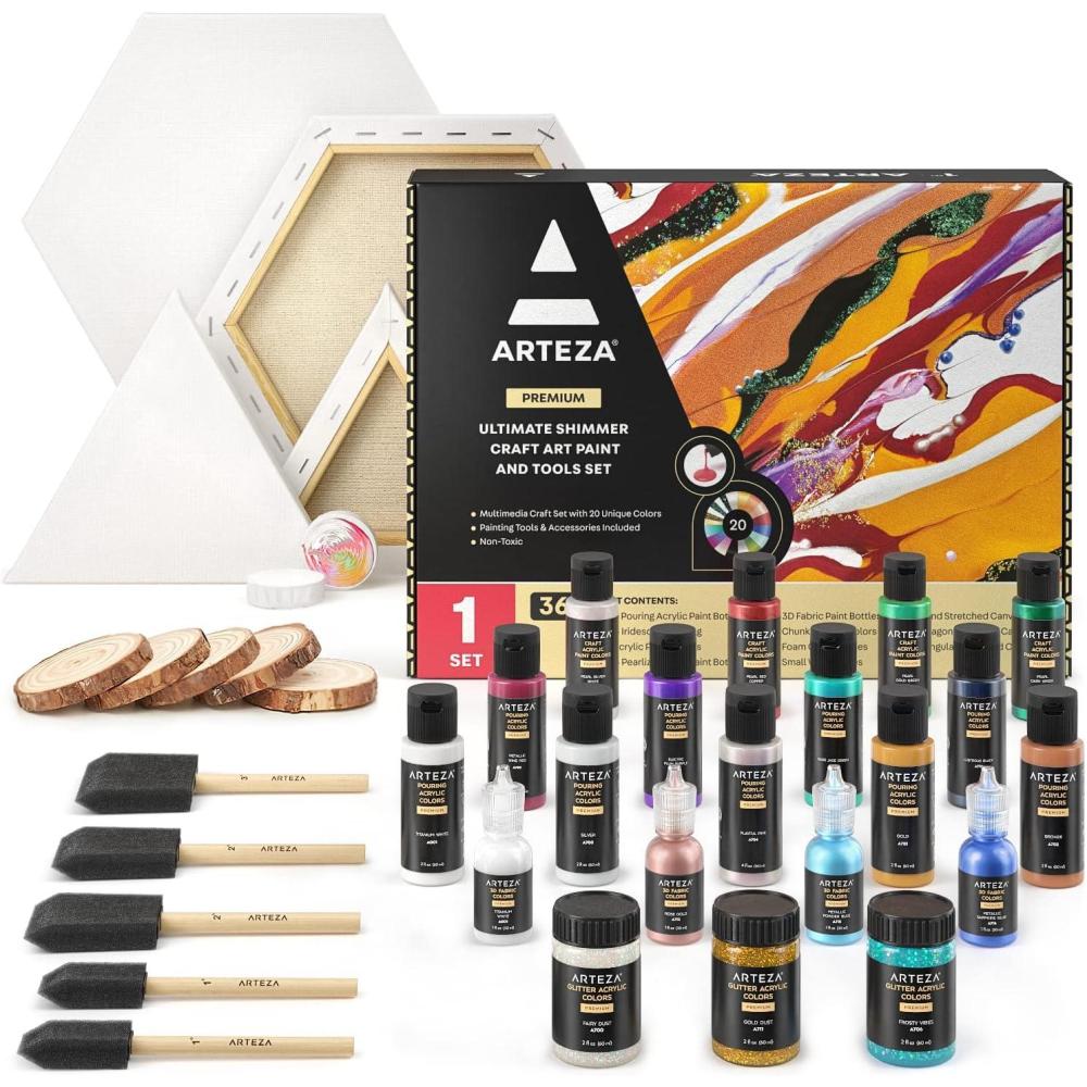 Arteza Acrylic Pouring Paint Kit, 36 Pieces, Bright and Iridescent Pouring Paint, Pearlized Paint, 3D Fabric Paint, Chunky Glitter, Wood Slices, Canvases, and Foam Brushes, Art Supplies for Painters(Pouring)
