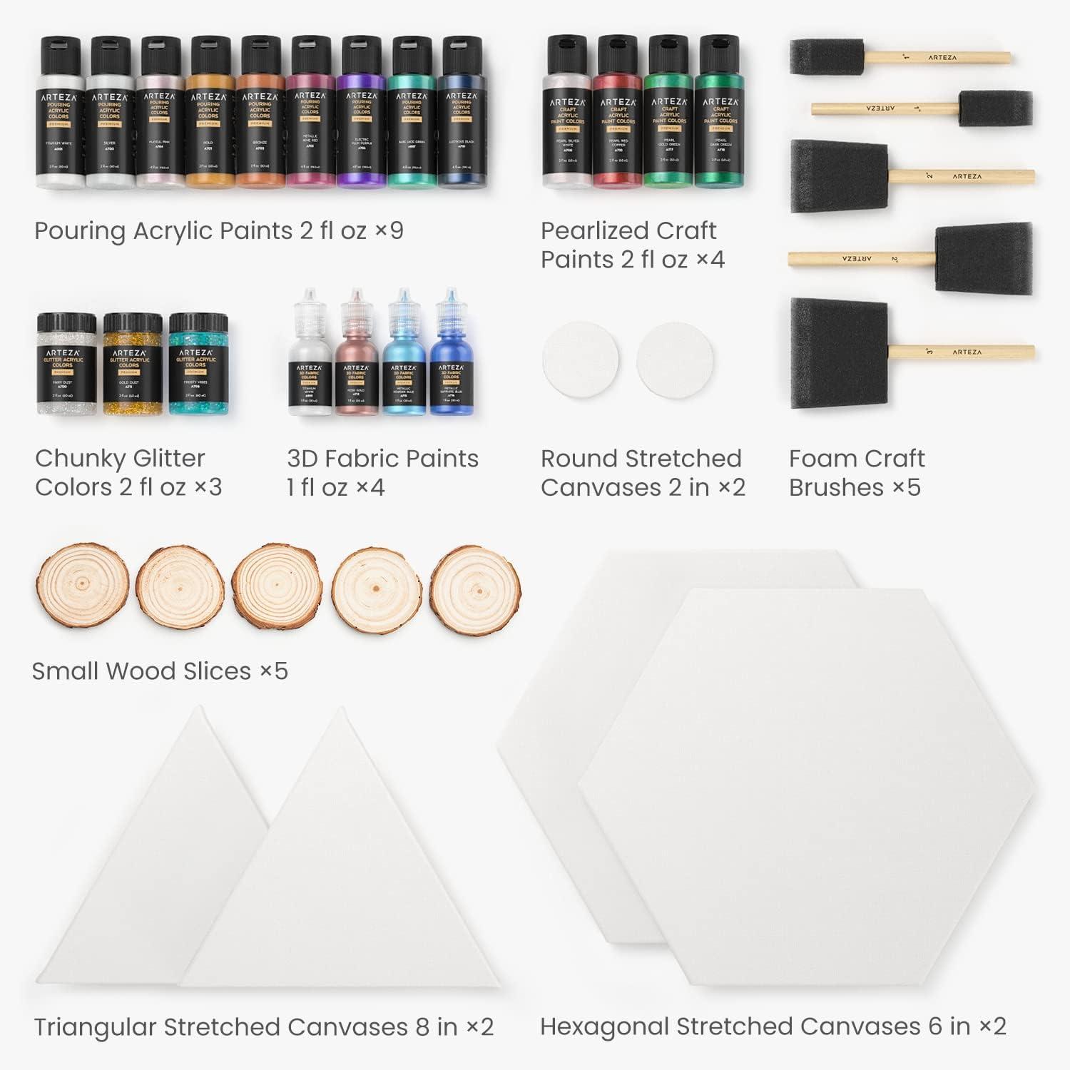 Arteza Acrylic Pouring Paint Kit, 36 Pieces, Bright and Iridescent Pouring Paint, Pearlized Paint, 3D Fabric Paint, Chunky Glitter, Wood Slices, Canvases, and Foam Brushes, Art Supplies for Painters(Pouring)