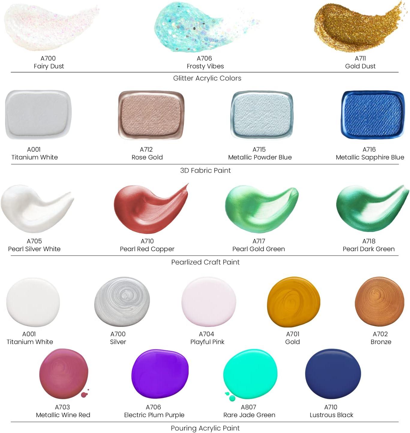 Arteza Acrylic Pouring Paint Kit, 36 Pieces, Bright and Iridescent Pouring Paint, Pearlized Paint, 3D Fabric Paint, Chunky Glitter, Wood Slices, Canvases, and Foam Brushes, Art Supplies for Painters(Pouring)