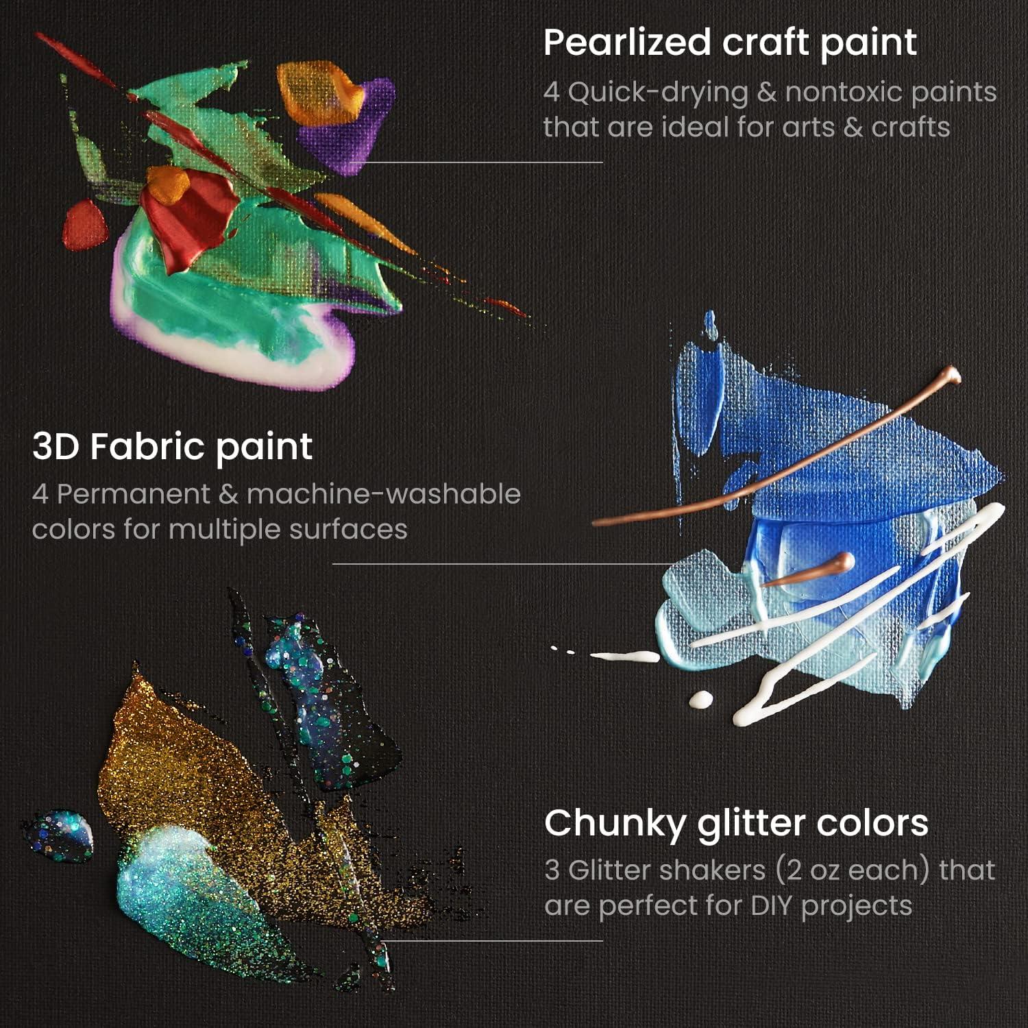 Arteza Acrylic Pouring Paint Kit, 36 Pieces, Bright and Iridescent Pouring Paint, Pearlized Paint, 3D Fabric Paint, Chunky Glitter, Wood Slices, Canvases, and Foam Brushes, Art Supplies for Painters(Pouring)